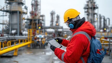 Poster - Energy Sector Engineer Reviewing Real Time Fuel Pipeline Data Using Digital Tablet at Industrial Refinery Facility  Monitoring and Optimizing Production Efficiency