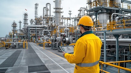 Poster - Energy sector engineer in uniform and hardhat reviewing real time fuel production data pipeline systems and infrastructure monitoring controls at an industrial power plant or refinery facility