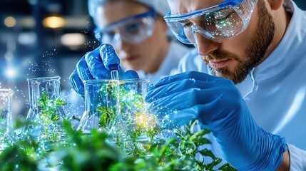Poster - two engineers in protective gear analyzing the performance of a biofuel reactor in a laboratory sett