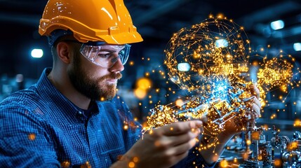 Poster - Expert technician wearing a hard hat and safety gear interacting with a advanced digital system or control panel in a futuristic high tech industrial environment  Concept of technology engineering