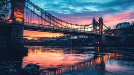 Wall Mural - Vibrant sunset over suspension bridge reflecting in river.