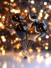 Poster - Floating star shaped balloons suspended in a luxurious glamorous 3D rendering surrounded by a mesmerizing display of shimmering glitter sparkling lights and a festive atmospheric ambiance