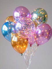 Poster - Captivating floating balloons in shimmering metallic hues creating a visually stunning and ethereal atmosphere perfect for festive dynamic backdrops