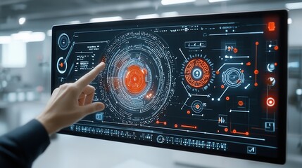 Poster - Fuel Laboratory Technician Monitoring and Analyzing Test Results on a Sophisticated Digital Dashboard Interface with Various Instruments and Analytical Data Displays