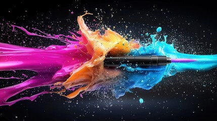 Poster - Energetic and Futuristic Paint Splash Composition in Vibrant Colors   This dynamic and visually striking image features a mesmerizing explosion of vibrant paint splashes and liquid textures