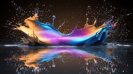 Poster - Futuristic and Energetic Paint Splash Composition in   A dynamic and vibrant digital artwork showcasing a colorful explosion of paint in a surreal futuristic setting with reflection and fluid motion