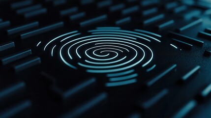 Poster - Captivating abstract background featuring a futuristic black fingerprint labyrinth with intricate spiral patterns evoking a sense of high tech security biometric identification