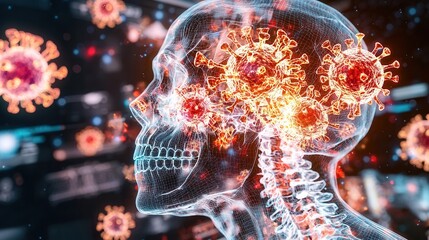 Poster - detailed illuminated transparent anatomical x ray visualization of a human skull depicting scientifi