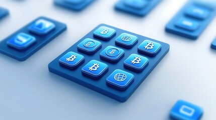 Poster - High Tech Cyber Thief Accessing a Virtual Vault of Financial Data   Futuristic Digital Security Breach Concept with Abstract Blue Geometric Shapes and Buttons