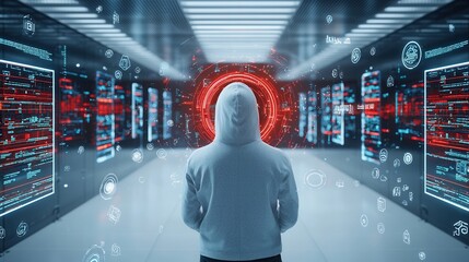 Poster - Hooded hacker figure surrounded by a neon lit futuristic cyber environment filled with digital data code and security elements  Concept of cybercrime hacking and online threats in a high tech