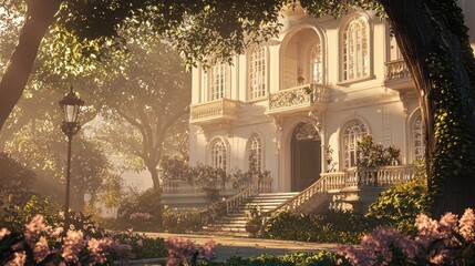 Wall Mural - Sunlit mansion entrance with lush gardens.