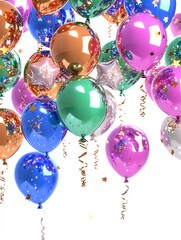 Poster - Lustrous 3D star balloons in an array of bright colorful and iridescent floating spheres creating a festive celebratory and whimsical atmosphere  The balloons are suspended in a dynamic abstract