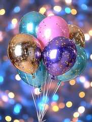 Poster - Lustrous iridescent star shaped balloons with a shimmering metallic finish floating against a backdrop of vibrant glowing bokeh lights creating a captivating magical and surreal atmosphere