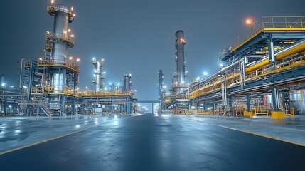 Poster - perspective of dark crude oil being funneled through a massive industrial petrochemical plant at nig