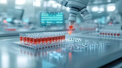 Poster - close up shot of a vibrant laboratory experiment setup with various scientific equipment and glassware including test tubes beakers and pipettes