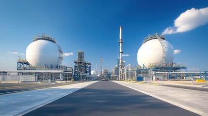 Poster - massive petrochemical storage tanks and an intricate pipeline network at a large scale industrial re