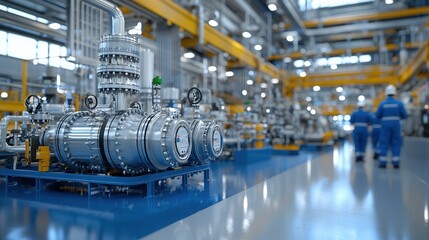 Poster - Detailed view of the mechanical components and instrumentation of an industrial oil extraction system in a modern factory workshop