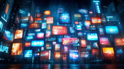 Poster - A stunning display of illuminated screens and billboards populating a busy urban environment at night, showcasing a variety of colorful graphics and advertisements
