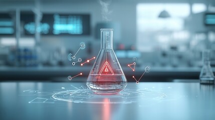 Poster - futuristic laboratory setup featuring a transparent red glass beaker on a minimalist workspace symbo