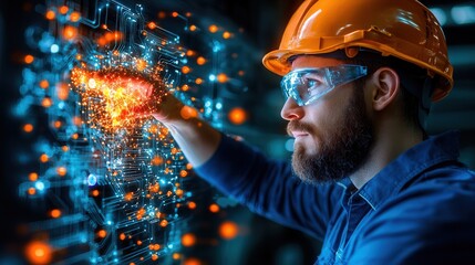 Poster - Modern industrial environment with technician wearing safety helmet and operating advanced and control panels in a high tech factory or workshop setting