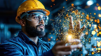 Poster - Portrait of a skilled industrial technician or engineer wearing a safety helmet and protective eyewear operating welding equipment and creating sparks in a modern factory or workshop setting