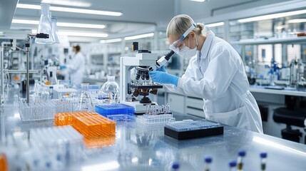 Poster - modern scientific laboratory technician examining microscopic samples in a well equipped medical and