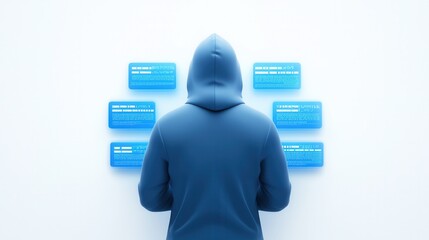 Poster - Mysterious digital hacker in a dark hooded silhouette surrounded by glowing futuristic data symbols network connections and abstract digital elements  Conceptual of cybersecurity online privacy