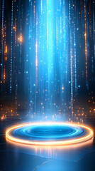 Poster - A dynamic energy portal emits bright blue and orange light in a futuristic environment. Cascading lights descend from above while glowing rings surround the bottom, creating a mesmerizing effect