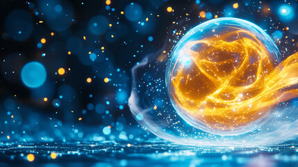 Leinwandbilder - A mesmerizing energy sphere filled with swirling orange light moves gracefully within a sea of blue and gold bokeh. The vibrant colors create an enchanting visual spectacle at night
