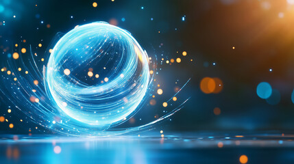 Poster - A luminous spherical object emits light trails, creating a mystical aura in a dark environment. Colorful bokeh adds depth, enhancing the ethereal atmosphere of the scene