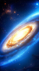 Wall Mural - A stunning spiral galaxy showcases a vibrant yellow core surrounded by luminous blue arms. This captivating celestial structure highlights the beauty of deep space and its intricate formations