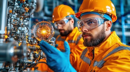 Poster - Group of Refinery Workers in Full Protective Gear Carefully Inspecting Industrial Control Panels at an Oil and Gas Production Facility