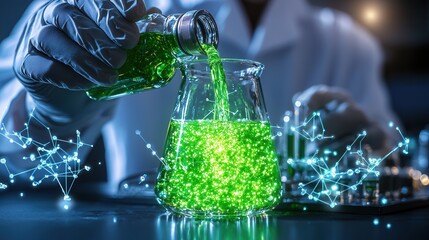 Poster - scientist carefully conducting experiments and research with green biofuel in a sterile high tech la