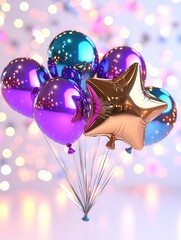Poster - Shimmering metallic star shaped balloons float in a vibrant 3D rendered composition creating a captivating contemporary and ethereal of light color and form