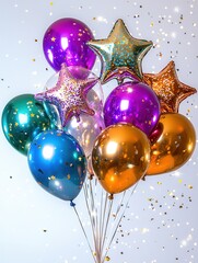 Poster - Shiny metallic star shaped balloons in a colorful playful arrangement creating a festive and glamorous backdrop for any special event  The balloons are surrounded by sparkling confetti and a texture