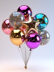 Poster - Shiny metallic star balloons in a vibrant playful arrangement creating a captivating and enchanting display perfect for festive events