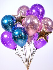 Poster - A vibrant and whimsical display of shiny metallic star shaped balloons in a playful arrangement creating a captivating and enchanting atmosphere perfect for festive special events