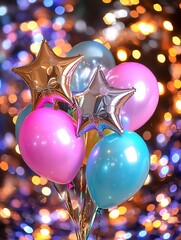 Poster - Softly Glowing Multicolored Star Shaped Balloons Floating Against a Festive Bokeh Background Creating a Magical and Whimsical Atmosphere for Holidays