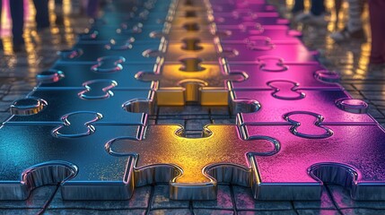 Poster - a surreal and visually captivating digital art landscape where puzzle pieces emerge from an urban ar