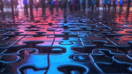 Poster - Surreal and abstract urban landscape where puzzle pieces mysteriously emerge from the reflective floor creating a captivating and dimensional visual experience