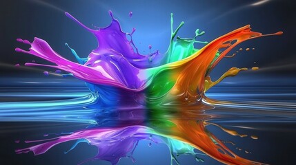 Poster - Prismatic Splash   A visually stunning digital artwork featuring a dynamic fluid explosion of vibrant colors prismatic effects and captivating movement