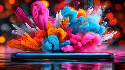 Poster - Vibrant and Mesmerizing Explosion of Colors and Shapes in a Futuristic Digital Artwork  This captivating image features a dynamic and abstract composition with a burst of vibrant hues