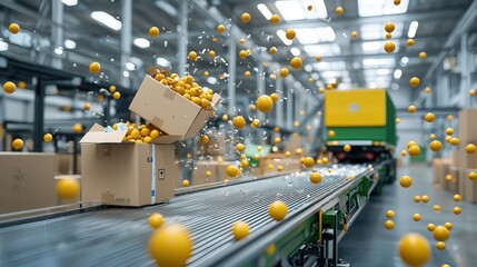 Poster - Aerial view of organic food waste being dumped onto a conveyor belt in an automated industrial recycling facility showcasing the waste management and sustainability process