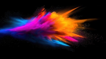 Poster - Vibrant multicolored powder explosion dispersing and bursting in dynamic energetic motion  Colorful graphic digital art with a futuristic technological feel