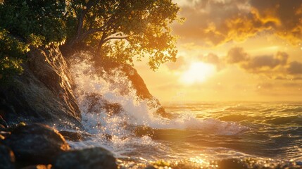 Wall Mural - Dramatic sunset over ocean waves crashing on rocky shore with tree.