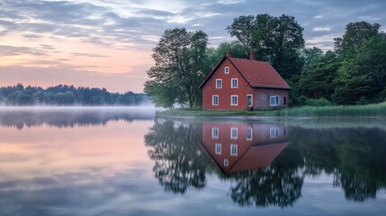 Wall Mural - Serene lakeside house reflecting in calm water at sunrise.