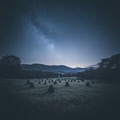  Night hay bales field Milky Way mountains starscape