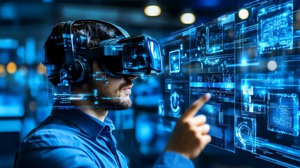 A man is using virtual reality with digital information displayed