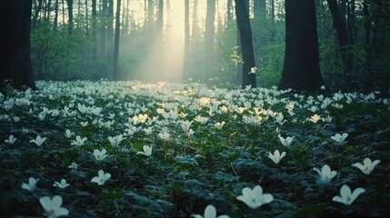 Wall Mural - Sunbeams illuminate a forest floor carpeted with delicate white wildflowers at dawn.