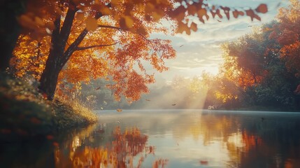 Wall Mural - Autumn sunrise over calm lake with colorful foliage. (1)